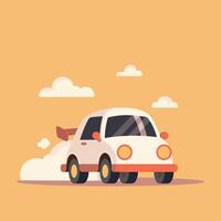 Retro Car in Minimalist Cartoon Style on Cloudy Day vector