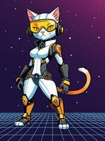 Futuristic Cat in Space Suit on Retro Grid Background vector