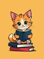Cute Cat Cartoon Reading on a Stack of Books vector