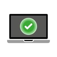 Laptop with checkmark symbol, updated computer, virus free laptop icon vector