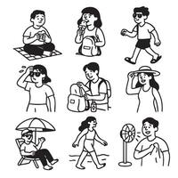 Enjoying summer activities, people are depicted engaging various outdoor leisure activities like eating, walking, and relaxing sun. illustrations capture essence of summer fun and relaxation vector