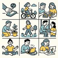 Illustration depicting sequence of activities promoting well being including using smartphone cycling playing games gardening walking reading meditating and working on laptop vector
