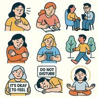 Emotional expressions depict various aspects of mental health and self care, including feelings of anxiety, reflection, and mindfulness practices. It important to prioritize emotional well being vector