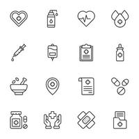 A set of medical icons including a syringe, a pill bottle, a heart vector