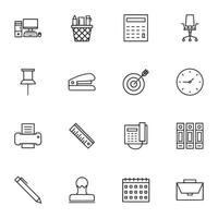 A set of office icons including a clock, a pen, a stapler, a ruler, a calculator vector