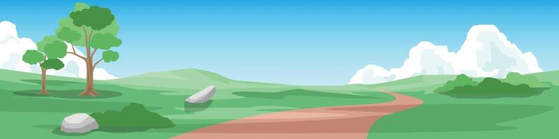 Horizontal or Lanscape view of dirt road winding up a hill. Trees are scattered across the vast grassy area. Distant mountains under the sky and white clouds. vector