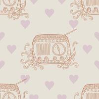 Seamless pattern with hand drawn retro radio and hearts. vector