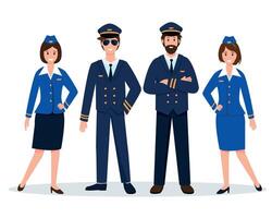 Airplane staff or crew. Aircraft captain, pilot assistant and stewardesses in uniform. Professional Team of smiling airline workers characters isolated on white background. vector