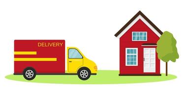 Fast delivery concept. Delivery van and house with tree. vector