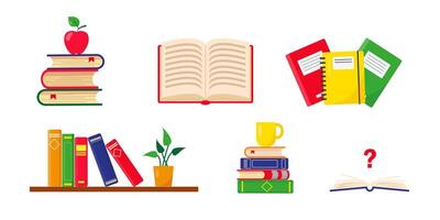Stacks of books, shelf and school notebooks. vector