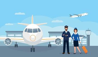 Pilot and stewardess characters at the airport near plane. Airplane staff or crew in uniform. Professional Team of smiling airline workers go to work. vector
