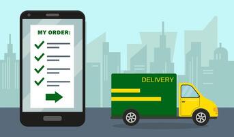 Delivery and online order concept. Smartphone with shopping list on the screen and delivery van in city. vector
