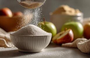 Sugar is being sprinkled into a bowl of apples photo