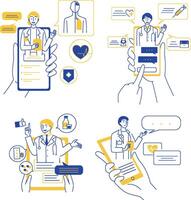 Flat line art telemedicine icons showing remote doctor consultations on mobile and tablet devices with chat bubbles, ECG, prescriptions, checklists, and hospital icons. vector