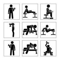Pictogram Set Demonstrating Bicep Exercises With Dumbbells And Weight Bench Equipment Black And White vector