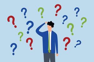 Ask questions, contemplation businessman thinking with question marks. vector