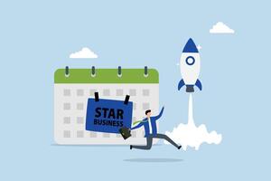Start new business, businessman launch rocket with calendar start date. vector