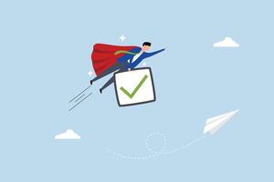 checkbox to complete work, businessman superhero flying with checkmark completion. vector
