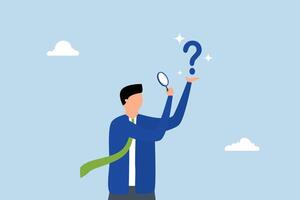 Problem analysis, businessman analyze question mark with magnifying glass. vector