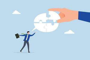 Complete communication speech bubble, businessman hand help connect jigsaw on speech bubble. vector