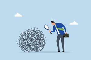 Analyze problem finding solution, businessman analyze mess with magnifying glass. vector