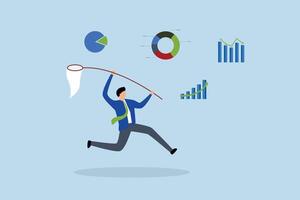 Collect data, businessman catch data graph and chart with butterfly net. vector