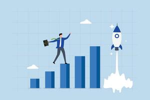 Boost rocket to business growing fast, businessman on growth chart launching rocket. vector