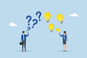 question and answer, business individuals featuring question mark and light bulb thought bubble. vector
