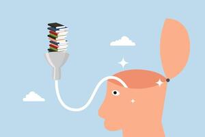 Read book fast to learning new lesson, book stack in funnel easy to flow in human head. vector