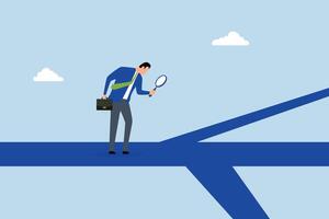 Finding career path, businessman analyze career path with magnifying glass. vector