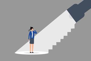 Career guidance to step up career path, flashlight staircase light beam to step up for businesswoman. vector