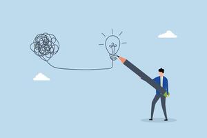 Creativity to solve problem, business man draw lightbulb from messy knot. vector