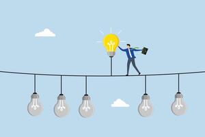 Difference idea innovation, businessman discover bright lightbulb from difference others. vector