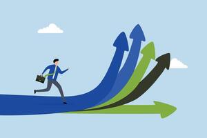 Career decision, businessman running to different arrow pathway. vector