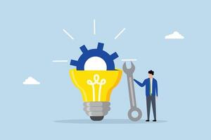 Innovation development, businessman build gear in lightbulb idea. vector