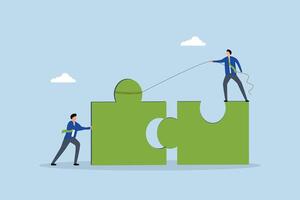 Jigsaw puzzle connection, businessman help connect jigsaw puzzle. vector