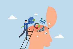 Data scientist, businessman put graph diagram report on human head brain. vector