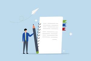 Write note on notebook paper, business man holding pencil writing message on notebook paper. vector