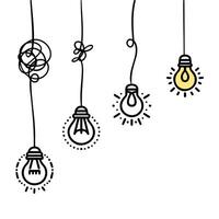 confusion clarity or idea concept path. Simplifying the complex. Illustration of the chaos of ideas symbolized by a light bulb with tangled wires vector