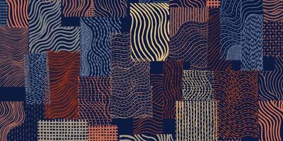 Crafted hand drawn brush line abstract stitching waves collage pattern, Japanese traditional sashiko handcrafted embroidery, weaving texture background, ethnic graphic for textile, wrapping paper vector