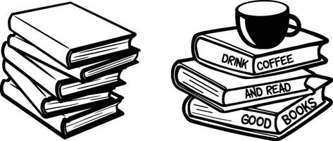 a stack of books with a cup of coffee and a book vector