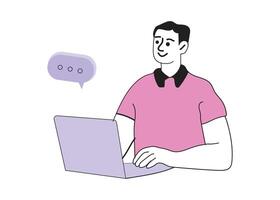 Man working on a laptop with a communication bubble vector