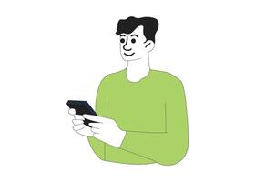 Man using a smartphone, looking at the screen with a smile vector