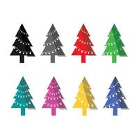 Flat Christmas Trees. Collection of Christmas trees in different colour with Festive Lights . vector