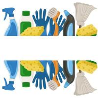 color frame with items for cleaning and house cleaning. Card with objects for sanitation and copy space. vector