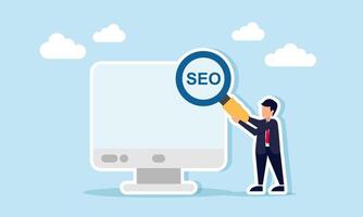 Businessman standing beside a monitor holding a magnifying glass with the word SEO, illustration of applying SEO for optimizing business performance and growth vector