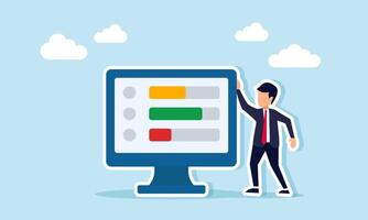 Businessman standing beside a monitor displaying multiple progress bars, illustration of monitoring business performance across several sectors or departments in a company vector