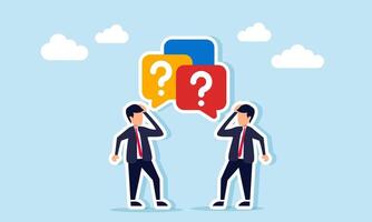 Two businessmen talking to each other with a chat dialog icon showing a question mark, illustration of confusion about the current market trends and business direction vector