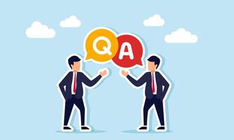 Two businessmen talking to each other with a chat dialog icon showing Q and A labels, illustration of a Q A or sharing session in a business setting vector