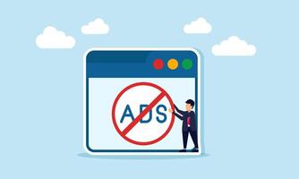 Businessman carries a no ads sign next to an app interface, illustration of blocking illegal and offensive ads vector